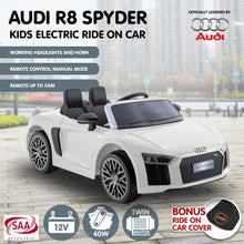 kidscarz.com.au, buy Kahuna R8 Spyder Audi Licensed Kids Electric Ride On Car Remote Contro, electric toy cars and more, affordable Ride ons in Australia Kahuna R8 Spyder Audi Licensed Kids Electric Ride On Car Remote Control - White from kidscarz.com.au, we sell affordable ride on toys, free shipping Australia wide, Load image into Gallery viewer, Kahuna R8 Spyder Audi Licensed Kids Electric Ride On Car Remote Control - White