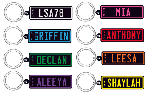 Example of custom personalized number plate keyring for kids cars, these kids keyrings were designed according to personalised orders for different Australian territories, like QLD, NSW, VIC, WA