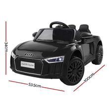 Kids Ride On 12V Electric Car with Remote Control Licensed Audi R8 Spyder | Black from kidscarz.com.au, we sell affordable ride on toys, free shipping Australia wide, Load image into Gallery viewer, Kids Ride On Electric Car with Remote Control | Licensed Audi R8 | Black dimensions
