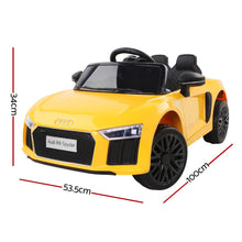 Licensed Audi R8 Kids Electric Car with Remote Control, Yellow 12 Volt Ride on Toy for Children from kidscarz.com.au, we sell affordable ride on toys, free shipping Australia wide, Load image into Gallery viewer, Kids Ride On Electric Car with Remote Control | Licensed Audi R8 | Yellow dimensions
