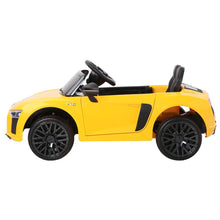 Licensed Audi R8 Kids Electric Car with Remote Control, Yellow 12 Volt Ride on Toy for Children from kidscarz.com.au, we sell affordable ride on toys, free shipping Australia wide, Load image into Gallery viewer, Kids Ride On Electric Car with Remote Control | Licensed Audi R8 | Yellow side
