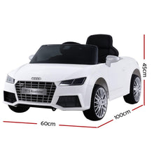 Kids Ride On Electric Car with Remote Control | Licensed Audi TT RS Roadster | White from kidscarz.com.au, we sell affordable ride on toys, free shipping Australia wide, Load image into Gallery viewer, Kids Ride On Electric Car with Remote Control | Licensed Audi TT RS Roadster | White dimensions
